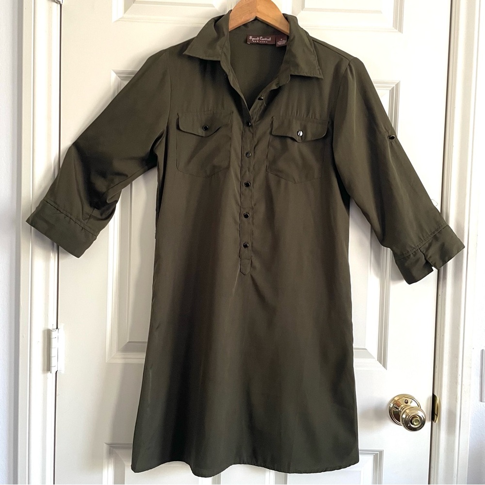 Speed Control Olive Green Shirt Dress 3/4 sleeves